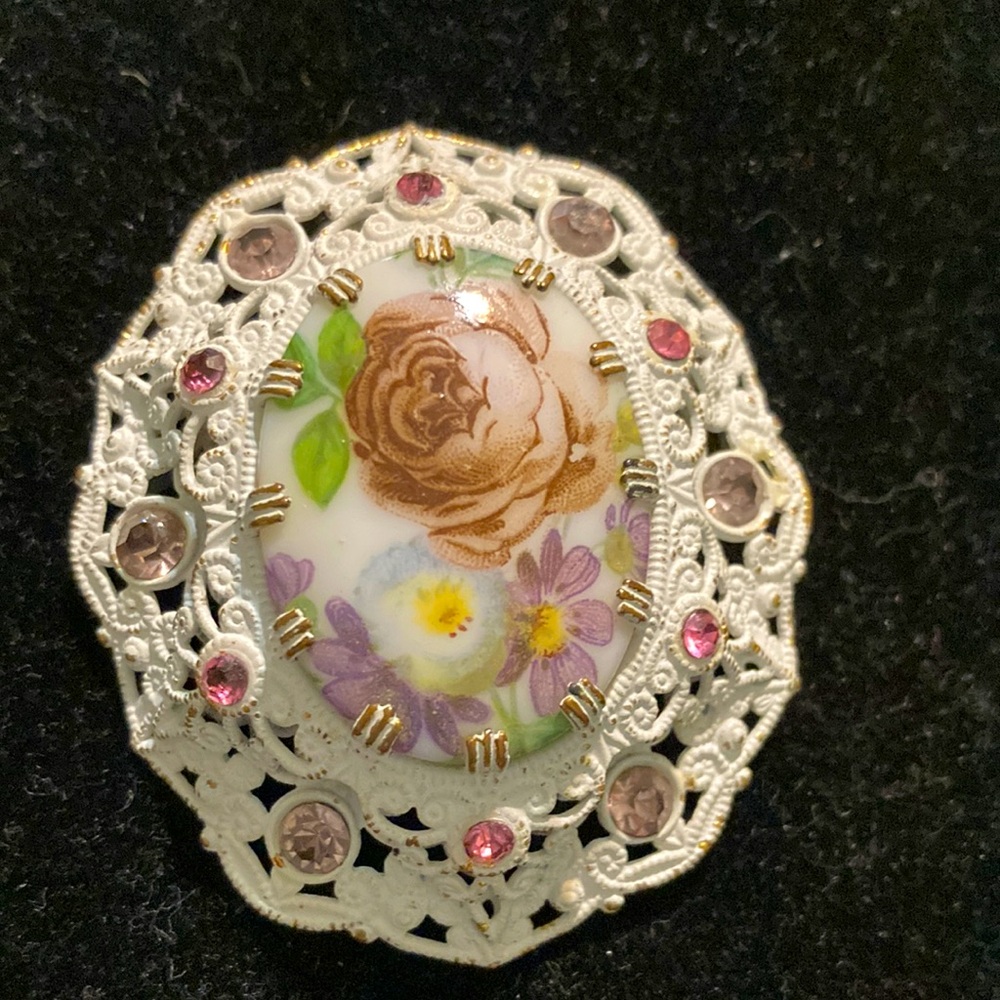Floral Porcelain Cabochon Filigree Brooch German made